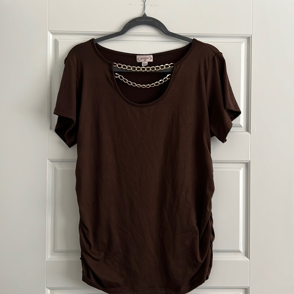 Gemstone Women’s Brown Chain Detail Ruched Blouse Top Size 1X